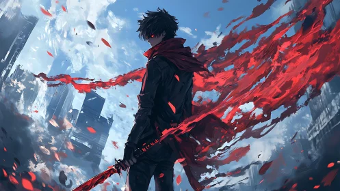 Figure with red energy cloak stands before tilted cityscape