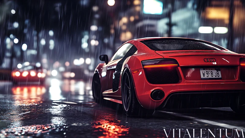 Red sports car on wet city street at night in heavy rain.