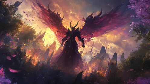 Winged dark figure over burning fantasy landscape at dusk.