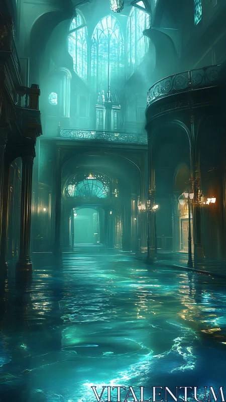 Cathedral hall floods under luminous turquoise water.