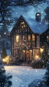 Snow-laden Tudor cottage with luminous festive fenestration.