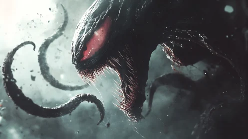 Alien symbiotic creature lunges forward with swirling tendrils