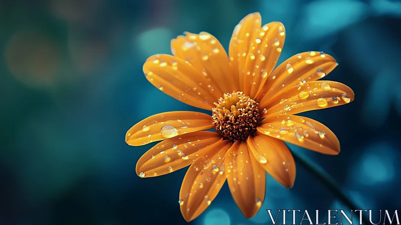 Orange Daisy with Dewdrops Against Turquoise Background.