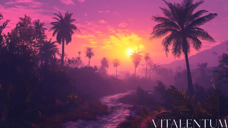Sunset over tropical river with silhouetted palm trees.