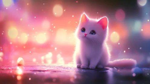 Glowing white kitten in neon pink ethereal light.