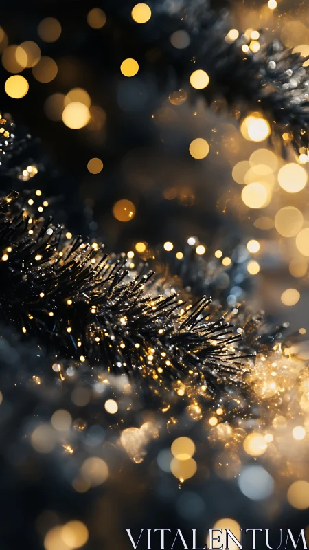 Macro optical bokeh on frosted conifer needles at night.