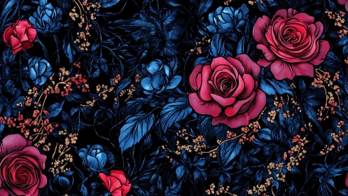 Bold Floral Pattern with Pink Roses and Blue Blossoms.