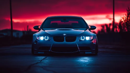 Front-facing sports sedan is parked on wet pavement at dusk