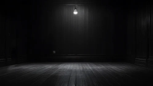 Solitary pendant bulb over dark timber interior void.