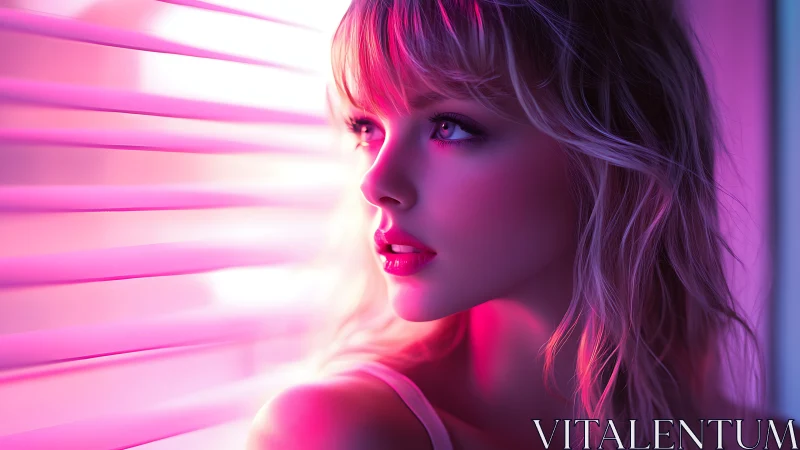 Neon-lit woman gazes through glowing pink window blinds.