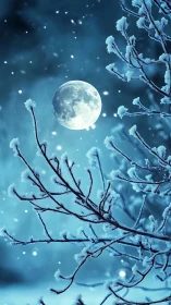 Full moon over snow covered winter branches at night.