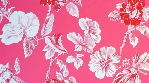 Linear floral illustration contrasts white peonies on neon pink