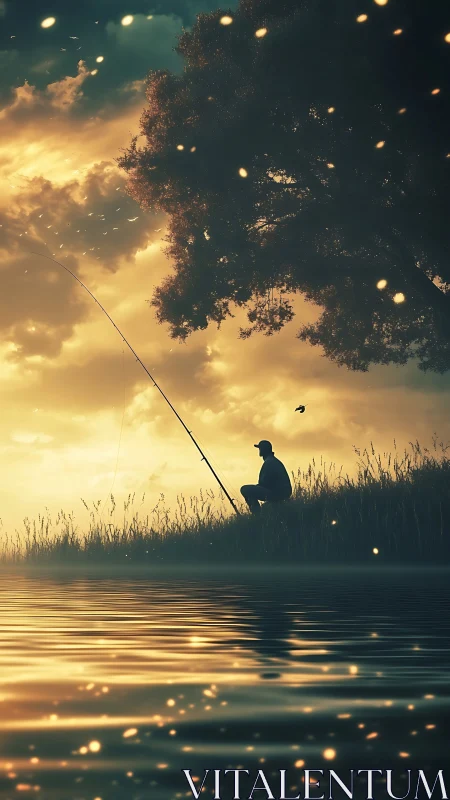 Quiet golden evening with a lone fisherman by the lake.
