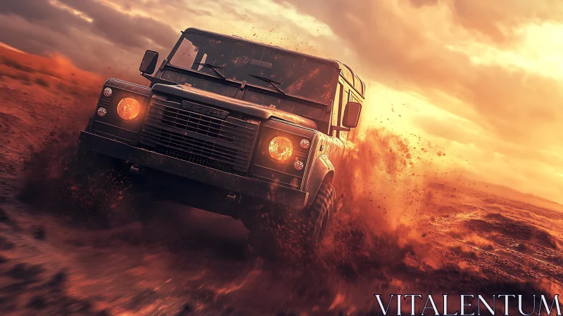Off-road 4x4 truck powers through dusty desert terrain.