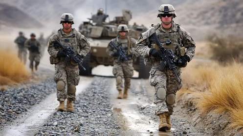 Calm determination on a dusty trail of modern soldiers.