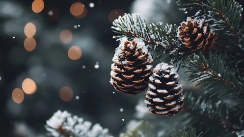 Macro study of snow-dusted pine cones with shallow bokeh field.