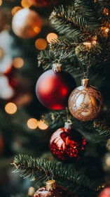 Christmas tree ornaments with warm festive lights.