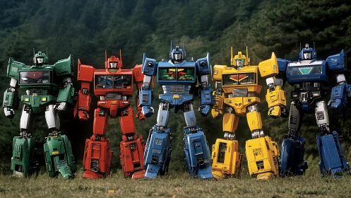 Row of multicolored humanoid robots in forest clearing.