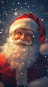 Snowlit Santa close-up glows with twinkling holiday warmth.