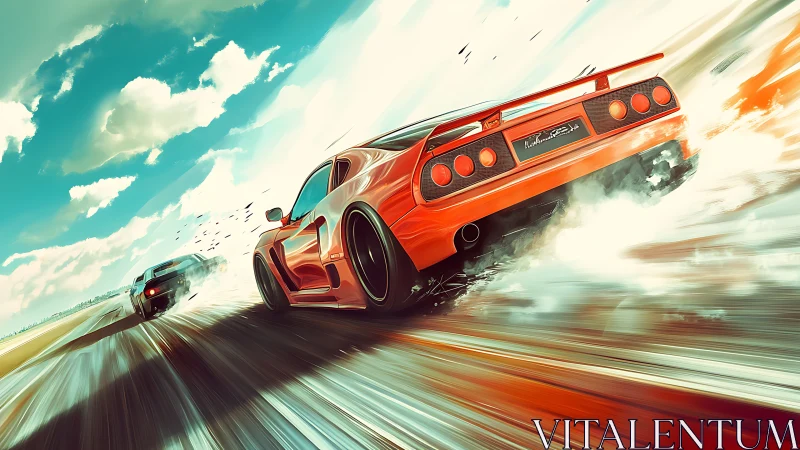 Dynamic rear-perspective render captures supercars in high-speed drift