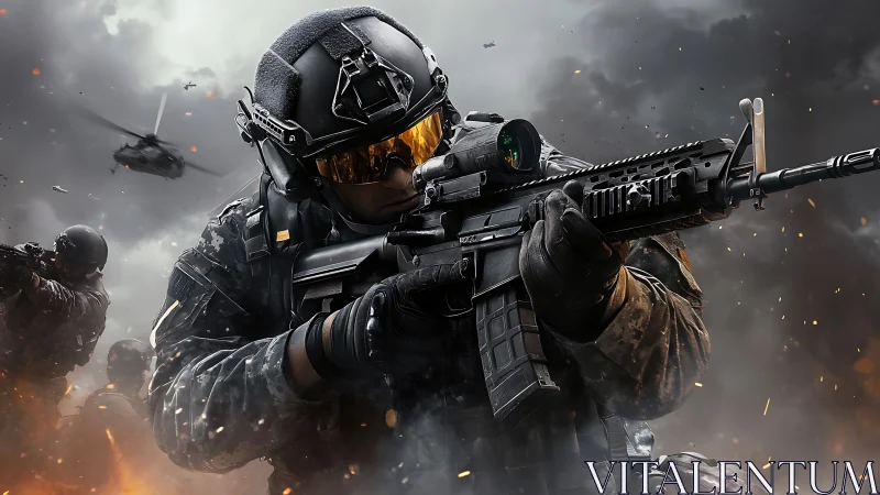 Tactical operator with scoped assault rifle in high-intensity combat