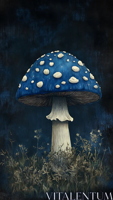 Midnight blue mushroom stands tall in quiet forest glow