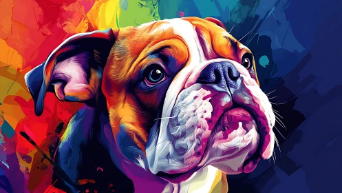Color-drenched bulldog portrait glows against abstract splashes.