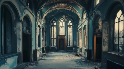 Abandoned hall with decayed arches and pale filtered light.
