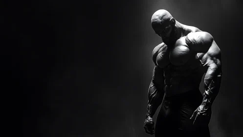 Monochrome muscular figure under dramatic rim lighting.