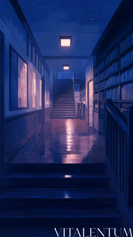 Dim interior corridor with staircase and bookshelves at night.