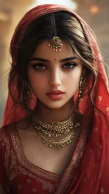 Golden gaze beneath a crimson veil of quiet grace.