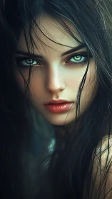 Close portrait of green-eyed woman with wet dark hair