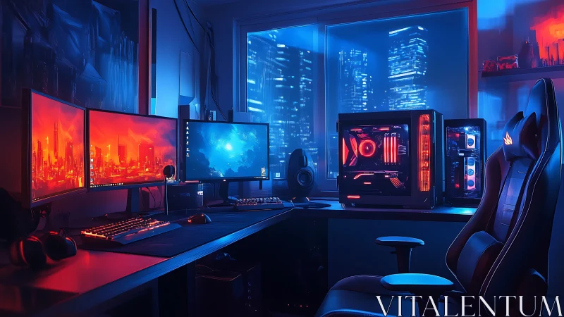 Immersive dual-PC gaming setup glows in neon cyberpunk light.