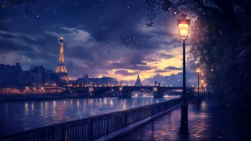 Nocturnal Paris riverside with lamplight and Eiffel glow.