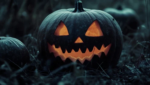 Glowing jack o lantern smiles boldly in a shadowy garden