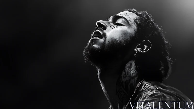 Monochrome side profile of tattooed male subject, head raised.