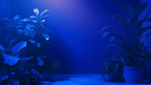 Midnight houseplants glowing softly in deep blue calm.