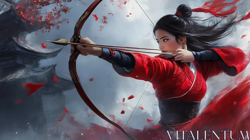 Scarlet archer draws her bow with calm, determined grace