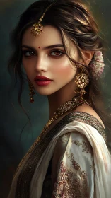 Gilded gaze of a regal muse in embroidered twilight silk.