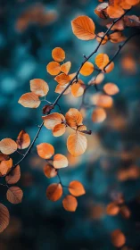 Autumn branch with orange leaves in teal bokeh background.