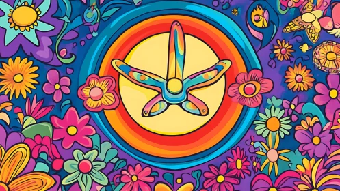 Psychedelic floral mandala with rainbow clock center.
