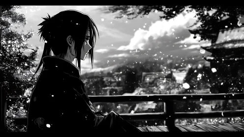 Quiet anime figure rests on a balcony watching soft snowfall