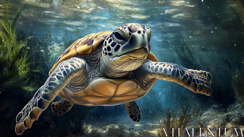 Sea turtle swims underwater with detailed textured shell
