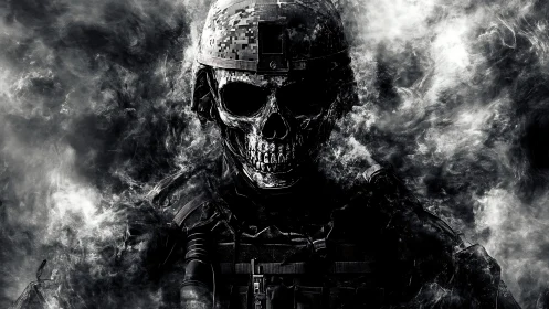 Digital skull-faced soldier in dense monochrome smoke field.