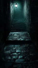 Narrow wet alleyway at night with lone street lamp glow.