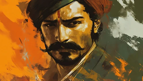 Brooding mustached portrait within bold saffron strokes.
