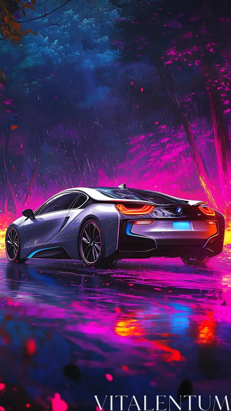 Futuristic sports car cuts neon rain through reflective forest