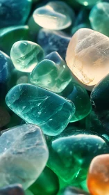 Polished translucent stones show varied teal and amber hues