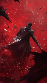 Sword-wielding warrior strides through crimson chaos storm.