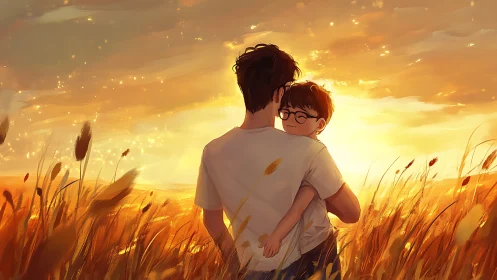 Father holds child in sunset field with warm golden light